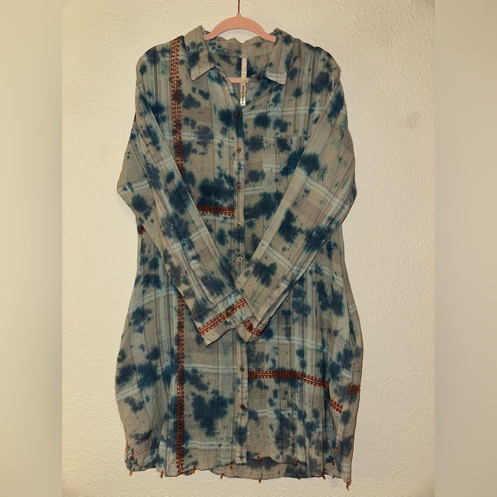 Anthropologie Uncle Frank Blue/Gray Tie-Dye Dress With Orange Embroidery